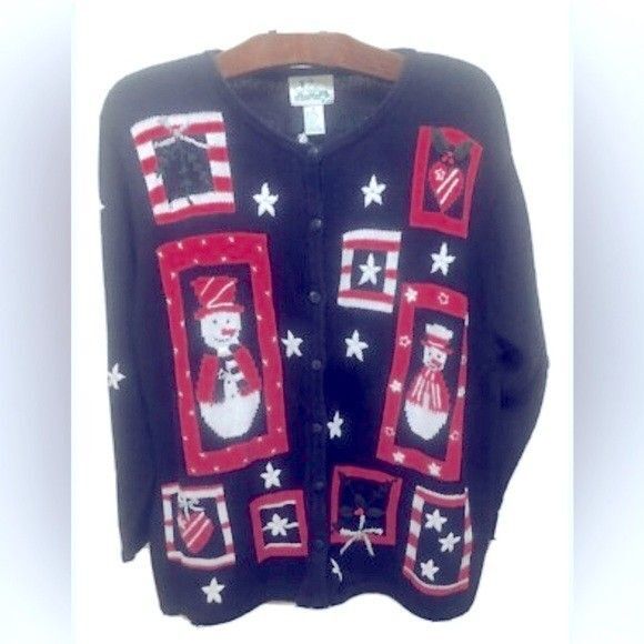 Vintage- Quacker Factory Patriotic Christmas Snowman Festive Knit Cardigan Sz 3X - Picture 2 of 13